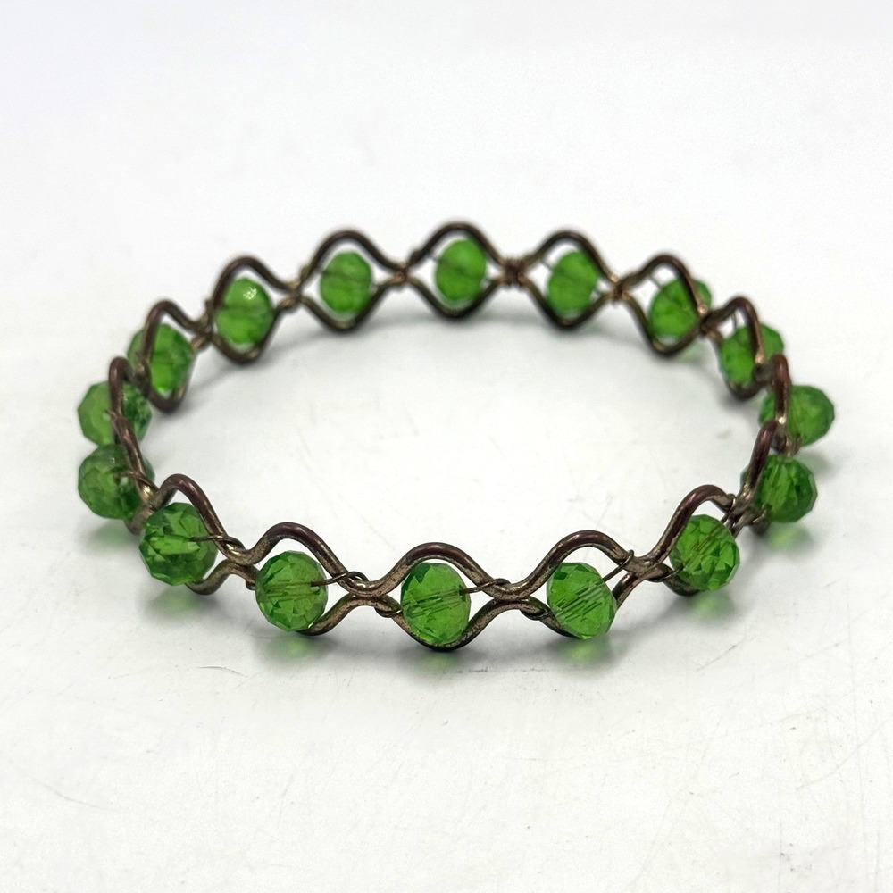 Vintage Green Faceted Glass Bead Wire Wrapped Bangle Bracelet Bronze Tone